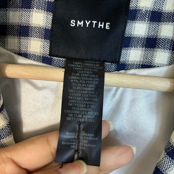 Smythe Gingham Duchess Blazer size 2 Linen Navy white Leather Preppy - Picture 9 of 12
